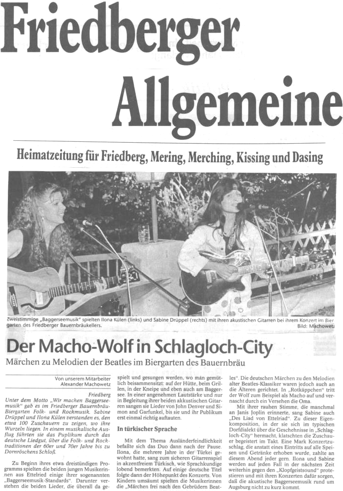 Wir machen Baggerseemusik - The platform for acoustic music - unplugged at Augsburg 1990 till 1994 - Friedberger Allgemeine June 1993