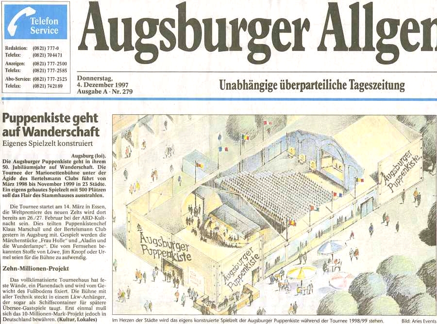 1st German Tour Augsburger Puppenkiste 1998/99 - Augsburger Allgemeine Zeitung 12-4-1997