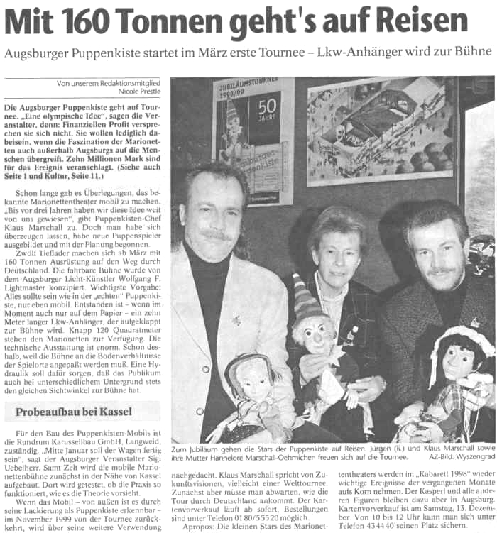 1st German Tour Augsburger Puppenkiste 1998/99 - Augsburger Allgemeine Zeitung 12-4-1997