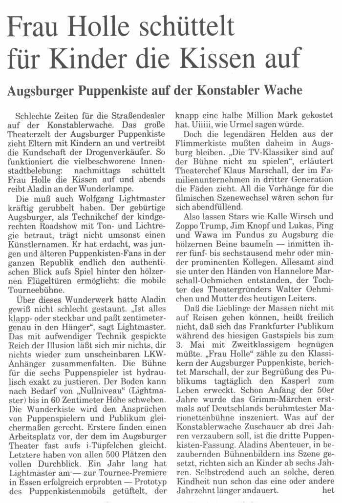 1st German Tour Augsburger Puppenkiste 1998/99 - Frankfurter Rundschau 4-3-1998